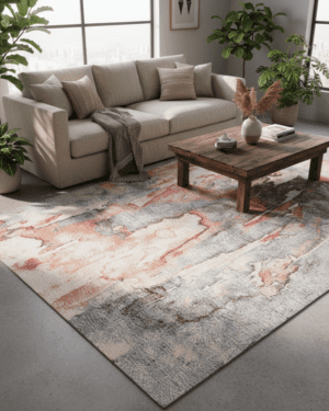 Hand knotted wool silk abstract rug